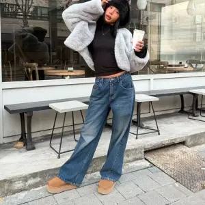 [옷자락]여성용 겨울 기모 데님 로우라이즈 절개 와이드 팬츠