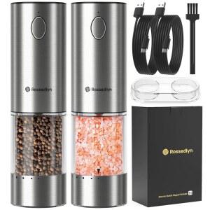 로세들린 전기 소금 및 후추 그라인더 세트 6가지 조절 가능한 거칠기, 업그레이드된 대용량, 스테인리스 스틸 자동 밀 화이트 LED 조명 2팩-S1