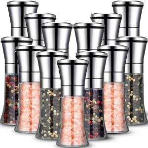 누에넨 12개 소금 및 후추 그라인더 세트 3.5온스 스테인리스 스틸 수동 밀, 통 페퍼콘 암염 플라스틱 전문 그라인더, 조절 가능한 거칠기, 가볍고 깨지지 않음