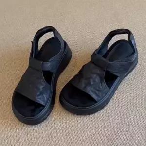 여성용 빈티지 캐주얼 슬랙스 양가죽 프렌치 펀칭 통굽 샌들 위에 컴포트 로마 KS1