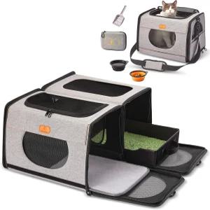 자동차 여행용 쓰레기통이 있는 ICICREATE.X 대형 고양이 캐리어 장거리용 반려동물 가방 2-in-1 더블