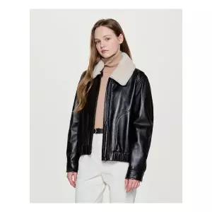 헤지스 여성 퍼 카라 레더 무스탕 블랙 HSJU5D010BK