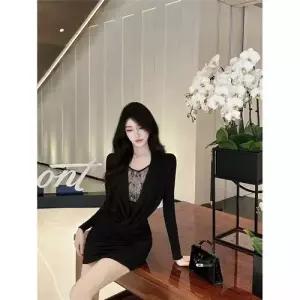 EAMT 여사친 치마 원피스 페이크 랩 터틀넥 플리츠 직각 긴팔 레이스 EUNG1