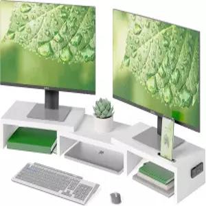 스마트폰 홀더가 있는 BONTEC 듀얼 모니터 스탠드 라이저 길이 및 회전 각도 조절 가능 PC 인체공학적 나무