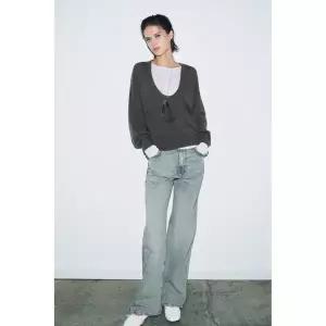 ZARA 깊은 네크라인 니트 스웨터 - 그레이 587431