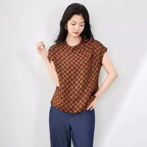 여성용 빈티지 차이나 프린트 톱 티 프린트티 트윌 OP1