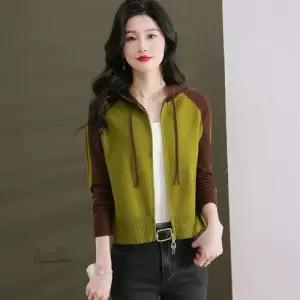 EAMT 니트 숏코트 여성가디건 스웨터 루즈핏 집업 가디건 후드 봄가을 배색 탑 YJ3