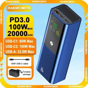 Ranwomen 20000mAh 외장 배터리 대용량 전원 은행 LED 디지털 디스플레이 휴대용 충전기 고속 100W