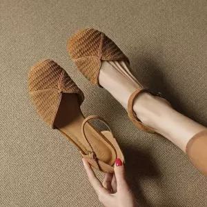 엘럽 여친 여름 스트랩 소프트 양가죽 라운드 중공 단화 가방 속굽 메리제인 플랫 가보시 샌들 박템5