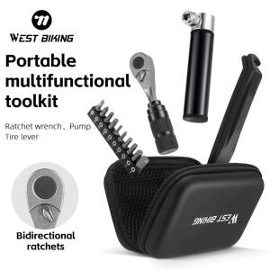 WEST BIKING 휴대용 도구 키트  다기능 수리 가방  래칫 렌치 타이어 레버  미니 소형 펌프 세트  자전거