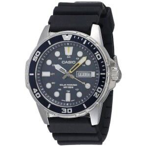 eAj 카시오 MTPS110 시리즈 | 유니 아날로그 시계 | 100M WR | 스테인리스 스틸 케이스 | 3 핸드 아날로그 (HR, Min, SEC) | 날짜 표시 | 배터리 부족 경고 | 다이버 영감 스타일링 | 태양열 구동