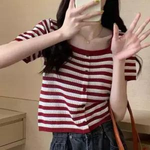 [옷은날개] 여성 스퀘어넥 스트라이프 니트 반팔티 배색 줄무늬