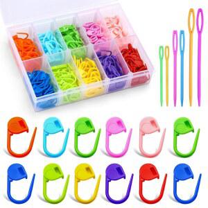 LUNARM 200개 코바늘 뜨개질용 스티치 마커, 10가지 컬러 뜨개질 잠금 클립 핀, DIY 공예 재봉용 실 바늘 6개 포함