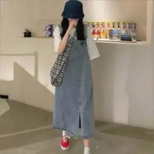 멜빵치마 데님 롱 멜빵스커트 언발 트임 캐주얼