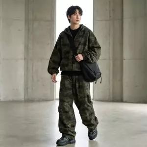 ACC 2002-2003M 남자 아웃도어 밀리터리 카모 전술 후드 집업 와이드 팬츠 상하의세트