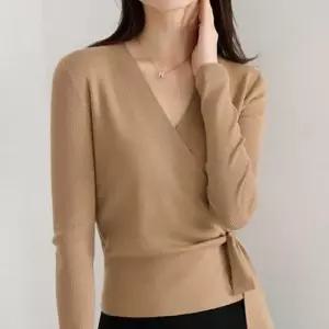 [SBD] 베이지 니트 봄 가을 랩 브이넥 티셔츠