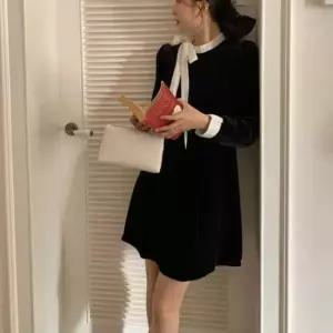 [옷은날개] 벨벳 스트랩 리본 배색 원피스 NM-0194