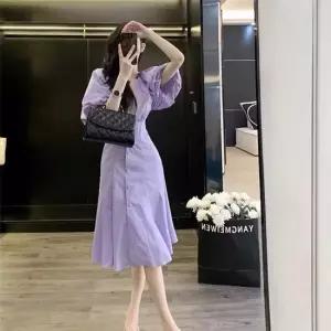 [아리엘스타일]퍼프소매 슬림핏 플레어원피스 퍼플아원피스