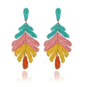 루오페타 라피아 긴 야자수 잎 귀걸이, 화려한 수제 라탄 드롭 댕글 귀걸이 여름 열대 해변 보석