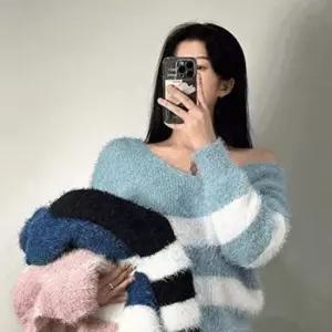 [SBD] 티셔츠 보트넥 4색상 루즈핏 앙고라 니트 스웨터 줄무늬 간절기 원숄더