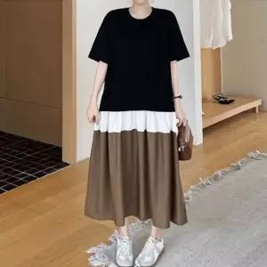 [퀸이즈] 토니 빅사이즈 오버핏 배색 포인트 반팔 롱원피스