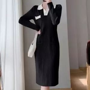 화이트 카라 배색 니트 롱원피스 세로 라인 원피스