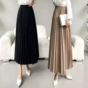 여성 플리츠 허리 밴딩 전체 주름 롱 스커트 치마