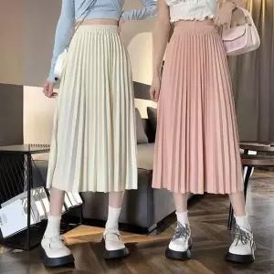여자 허리 밴딩 플리츠 A라인 롱 스커트 주름치마