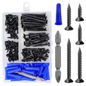 Wensilon 150Pcs 블랙 우드 스크류 퀵 메탈 셀프 탭핑 플랫 헤드 드라이월 플라스틱 앵커 키트 포함
