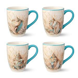 이스케이프 투 더 씨어 20온스 머그잔, 4개 세트, 해안 조개 및 산호 디자인, 내구성이 뛰어난 세라믹, 식기세척기 안전, 우아한 바다에서 영감을 받은 커피 & 찻잔으로 일상적으로 사용할 수 있습니다