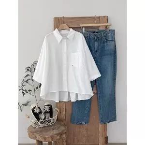 [하프클럽/샵앤]6501 원드파스텔 여성 카라넥 베이직 7부 언발 블라우스 DGB-WSH-3607-아이보리