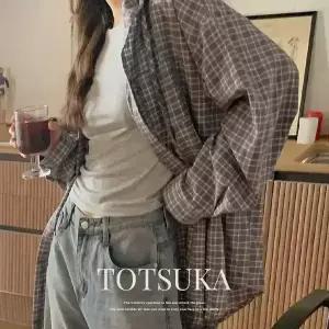 핫핑 [코지무드/꾸안꾸] 토츠카 오버핏 체크 후드 긴팔셔츠