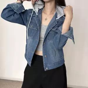 ONM 탈부착 후드 여성 세미크롭 데님자켓 간절기 청자켓