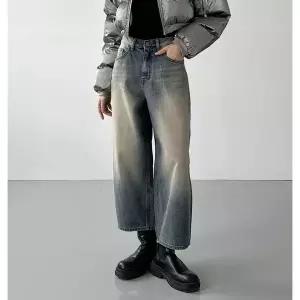 빈티지 브러쉬 워싱 벌룬 기모 데님 중청 와이드 크롭 데님 9부 배기 통 청바지 SML