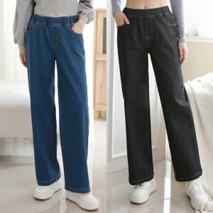 여성 청 바지 밴딩 와이드 데님 팬츠 통 배기 빅사이즈 봄 일자 진청 흑청 블랙진