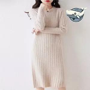 ONM 여유로운 긴팔 니트 원피스 기본 미디핏 체크