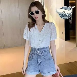 ONM 브이넥 레이스 반팔 블라우스 여름패션 데일리