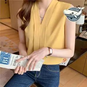 ONM 여름 브이넥 민소매 블라우스 오피스룩 베이지