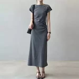 [하프클럽/릴룸]주폭) 시크 셔링 쫀쫀 스판 반팔 롱원피스(3컬러)