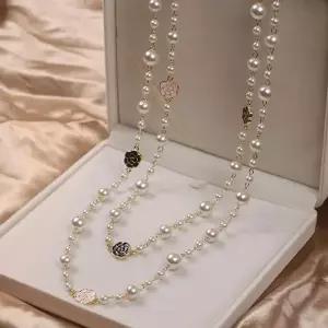 진주 장미 이중 레이어드 길이조절 패션 롱 긴 목걸이-WB9D687