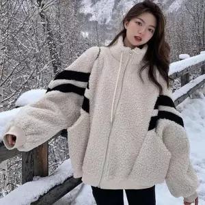 ONM 배색라인 오버핏 뽀글이 양털 자켓 여성 하이틴룩