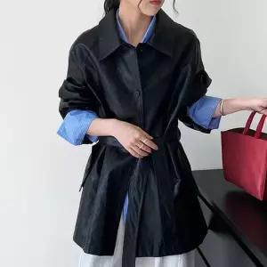 ONM 빈티지 스트릿룩 벨티드 레더 코트