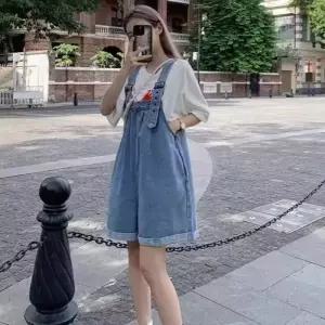ONM 여성 롤업 데님 멜빵 반바지 캐주얼 오버롤 점프