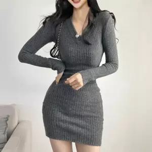 엘리몬드  긴팔 미니 원피스 V넥 골지 니트 쫀쫀 스판 치마 스커트