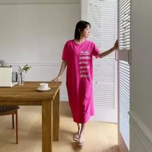 [라일리여성의류] Rly 반팔 원피스 라몬다 트위드 데님 쉬폰 레터링