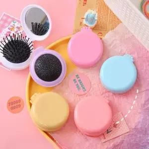 휴대용 미니 마카롱 거울빗 퍼플 연보라 (1개) 6.5cm 빗 거울 일체형