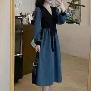 ONM 투톤 V넥 여성 배색 2컬러 페미닌 원피스