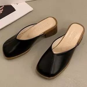 여성 뮬 블로퍼 데일리 오피스 캐주얼 여성 뮬 슬리퍼 통굽 가죽 미들 구두