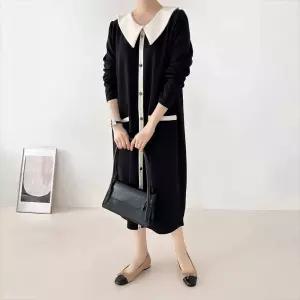 나나 오피스 빅카라 하객룩 배색 면혼방 빅사이즈 봄 롱원피스 40대 여자