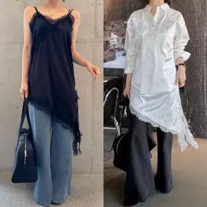 [하프클럽/삐까삐까]새틴 슬립 원피스 롱 레이스 레이어드 끈나시 뷔스티에 언발 트임 란제리룩